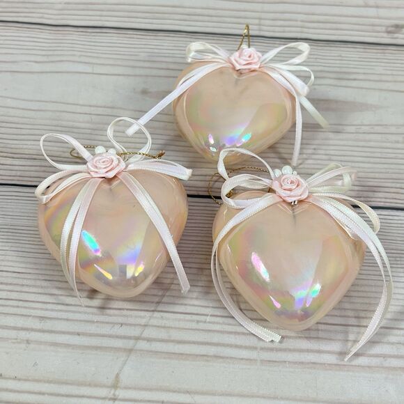 VTG Glass Heart Shaped Ornaments Lot of 3 Pink Iridescent Floral Bow Christmas - Picture 4 of 10